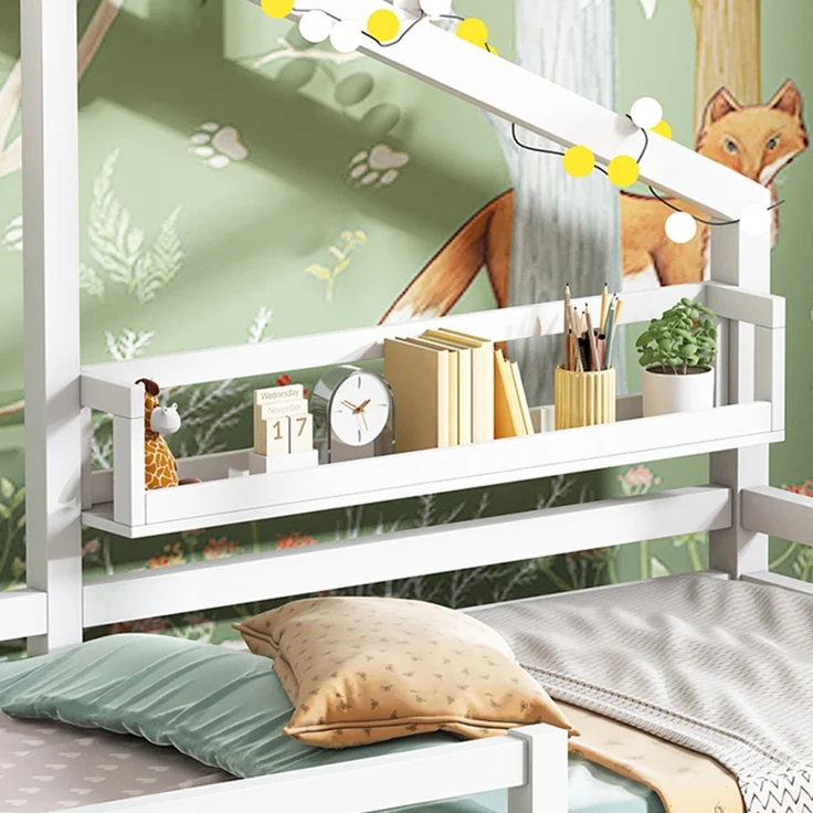 Bett 90x200 cm Hausbett aus Kiefernholz mit Regal – skandinavischer Stil – Bild 7