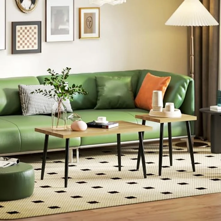 HOMCOM Couchtisch-Set, Naturholz, 2 Tische mit 3 cm dickem Holzplatten und schwarzen Metallbeinen, 90x45x50 cm und 40x40x50 cm – Bild 8