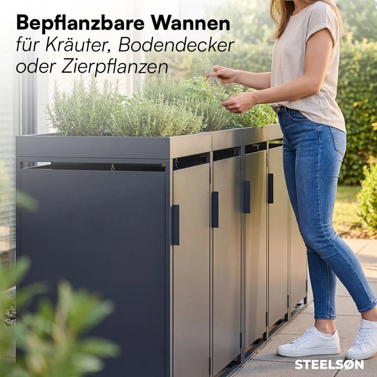 STEELSØN 'Thoria' Mülltonnenbox 5er je 120 Liter, anthrazit, Mülltonnenverkleidung aus Stahl, wetterfest, 111x62x294,5 cm, Müllbox mit Pflanzendach für 5 Tonnen – Bild 5