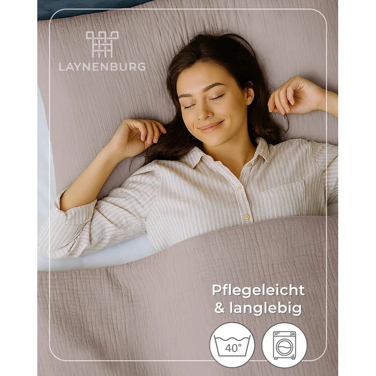 Laynenburg Bettwäsche Musselin aus 100% Baumwolle in 135x200 oder 155x220 cm, atmungsaktiv & bügelfrei – 3 lagig mit Reißverschluss & Haltebändern – Bild 7