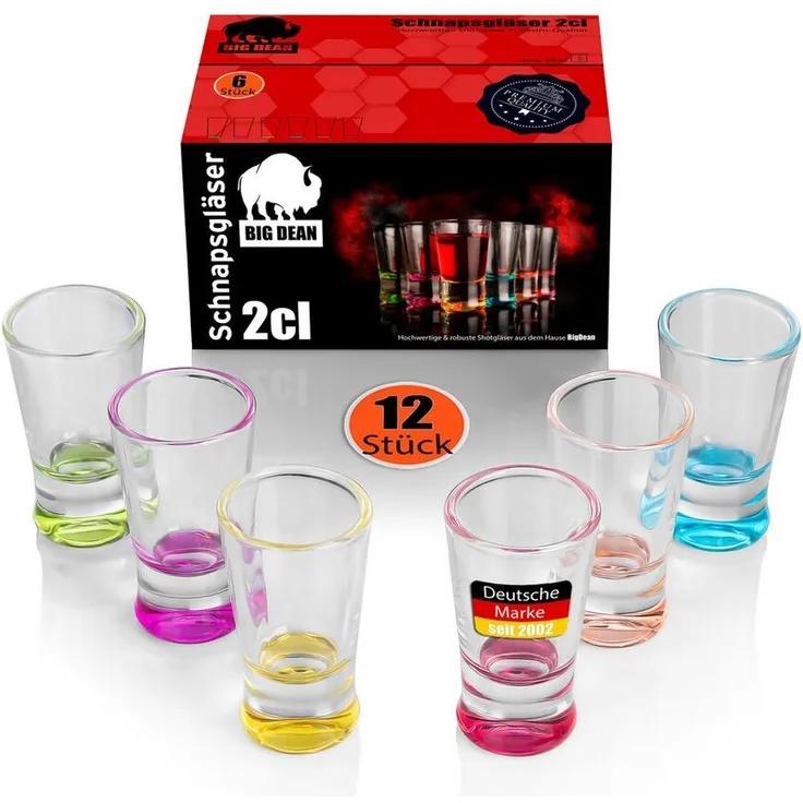 BigDean 12 Stück farbige Schnapsgläser 2cl in Geschenkbox – robuste Shotgläser spülmaschinenfest - in Gastro Qualität