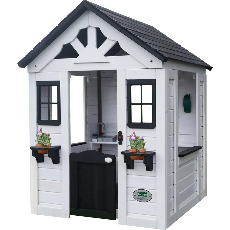 Backyard Discovery Spielhaus Sweetwater aus Holz Outdoor Kinderspielhaus für den Garten inklusive Zubehör | Weiß, Anthrazit | Holz | 117 cm – Bild 1
