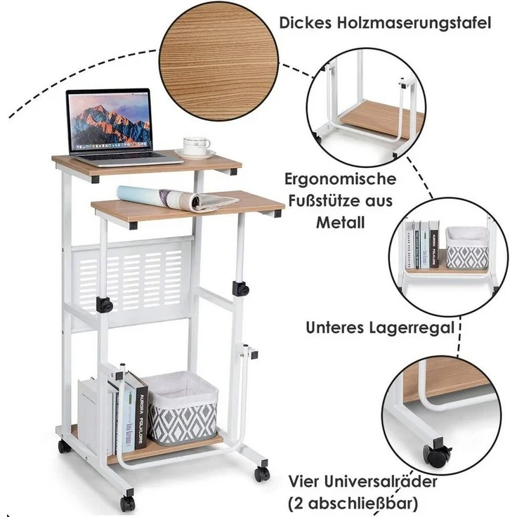 COSTWAY 2-in-1 Laptoptisch & Schreibtisch, Bürotisch auf Rollen, Projektionstisch Stehtisch höhenverstellbar – Bild 3