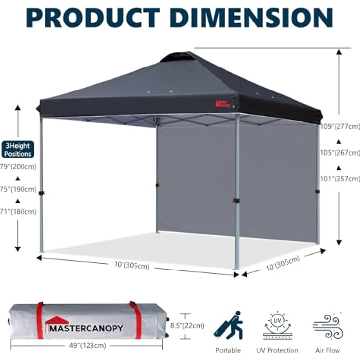 MASTERCANOPY 3x3 m Pop-up-Pavillon Faltpavillon Festzelt mit Entlüftung & 1 Seitenwand/Seitenteil für Markt, Garten, Events, Schwarz – Bild 6