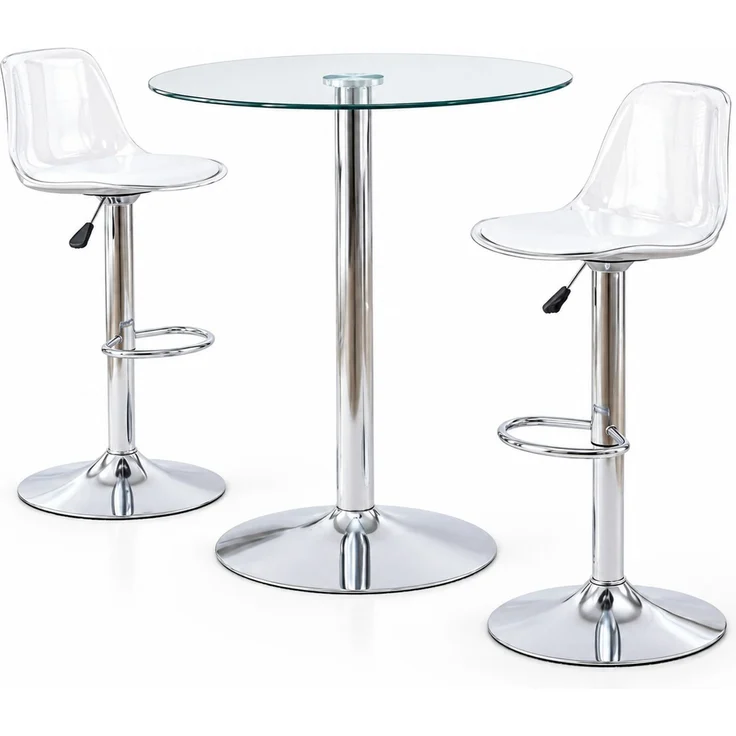 Bartisch-Set mit Glasplatte, 2 höhenverstellbaren Drehhockern, Ø 89x92 cm, Silber/Transparent – Bild 7