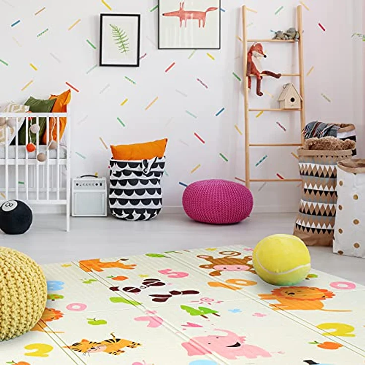 Krabbelmatte Spielmatte Baby Schadstofffrei 198 x 178 x 1 cm Faltbar Spielunterlage Spielteppich Groß Rutschfest Beidseitig Tragbar Wasserdicht für Innen Außen Bunt - Zahlen & Tiere - 5A – Bild 8