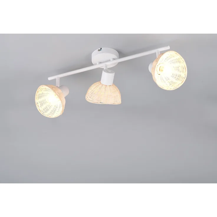 LED Deckenstrahler 3-flammig Weiß, Lampenschirme Rattan, Breite 59cm