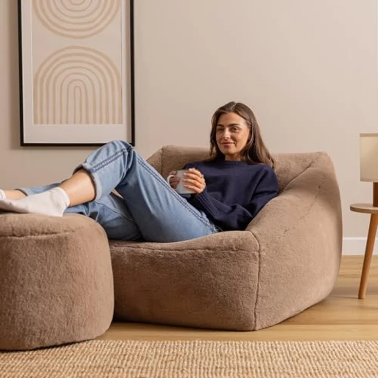 icon Natalia Sitzsack Sessel für Erwachsene mit Hocker, Mokkabraun, Flauschiger Kaninchen Kunstfell Stoff, Riesen Sitzsack mit Füllung, Bean Bag, Bequemer Sessel Wohnzimmer, Lounge, Schlafzimmer, Büro – Bild 3