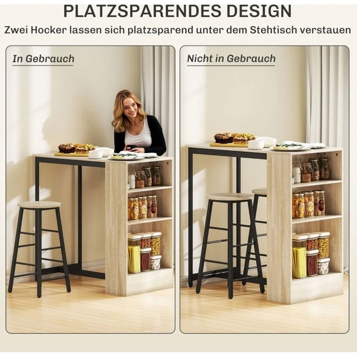 Bartisch-Set H 91 x T 49 x B 91 cm mit Stauraum, Stahl und Spanplatte in Eichenoptik, mit 2 Hockern – Bild 6