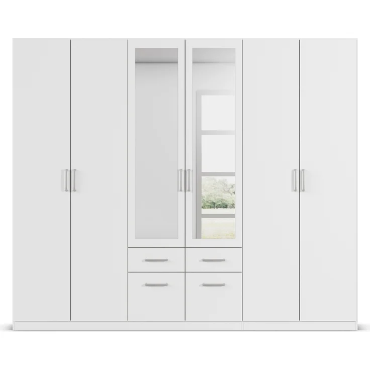 rauch Kleiderschrank, Drehtürenschrank BINGEN, 6-türig, 2 Spiegeltüren teilaufgelegt, 4 Schubkästen, Alpinweiß, 271 x 229 x 54 cm – Bild 2