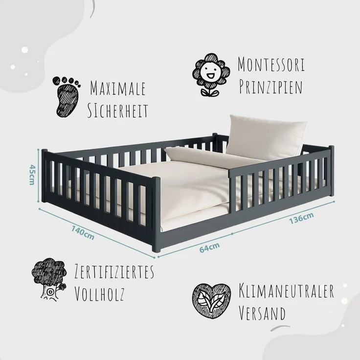 Kids Collective Kinderbett Bodenbett Bett mit Rausfallschutz & Lattenrost Montessori Bett Kinder (weitere Größen 80x160, 80x180, 90x190, 90x200, 120x200 cm), Jugendbett Einzelbett Graphit Kiefer 140x200 cm – Bild 3
