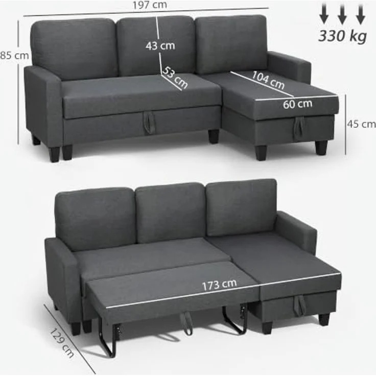 HOMCOM Ecksofa L-Form 3-Sitzer Sofa Schlafsofa mit Bettkasten, Leinenoptik, mit Verwandelbarer Chaiselongue 1 Teile, für Wohnung, Wohnzimmer, Dunkelgrau – Bild 3