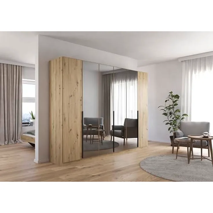 Rauch Möbel Skyla, Kleiderschrank für Schlafzimmer, Kinderzimmer, Jugendzimmer, Garderobe, Flur, 6-türig mit Grauspiegel, Griffstangen Grau metallic, Farbe Eiche Artisan, Holz, Maße 271 x 210 x 54 cm