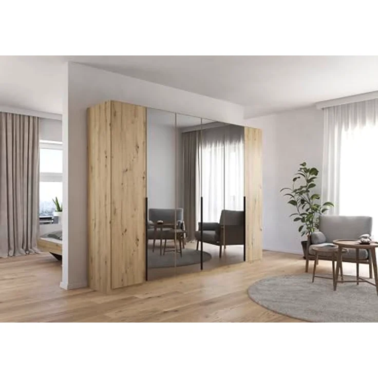 Rauch Möbel Skyla, Kleiderschrank für Schlafzimmer, Kinderzimmer, Jugendzimmer, Garderobe, Flur, 6-türig mit Grauspiegel, Griffstangen Grau metallic, Farbe Eiche Artisan, Holz, Maße 271 x 210 x 54 cm – Bild 1