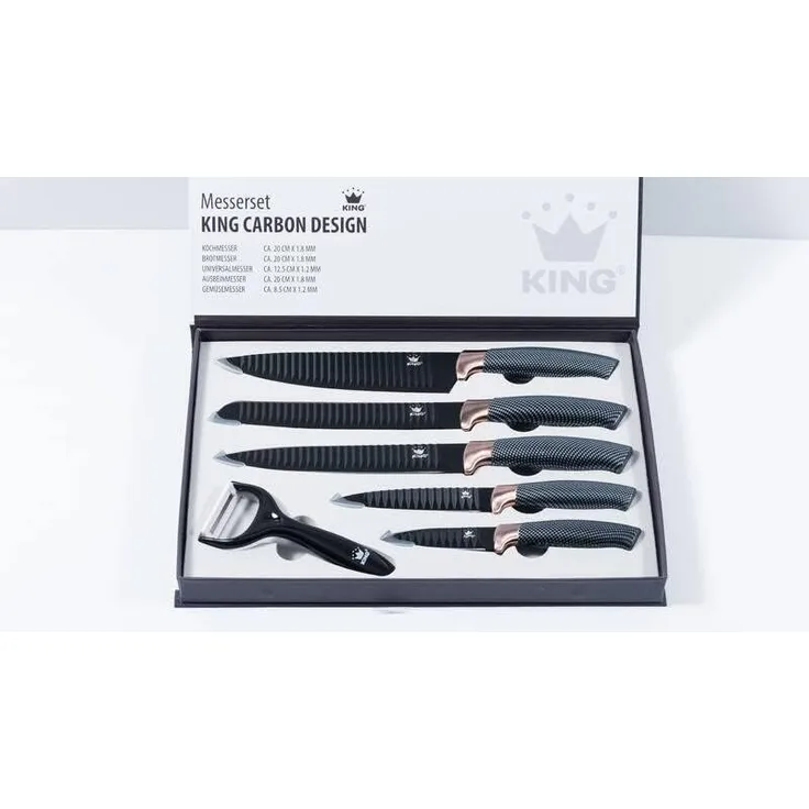 KING Messer-Set Carbon Design (Set, 6-tlg), (5 Messer), incl. Sparschäler, Wellenschliff
