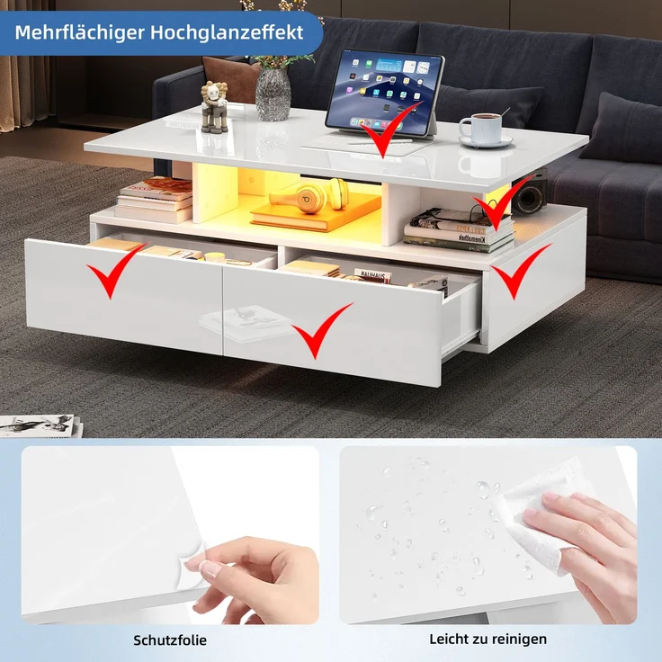 Couchtisch 90×55×41 cm Hochglanz Weiß mit LED-Beleuchtung, moderner Wohnzimmertisch mit 2 Schubladen, offenem Fach – Bild 8