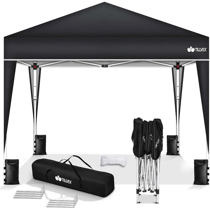 tillvex Pavillon 3x3 m wasserdicht | Pop-Up Faltpavillon höhenverstellbar | Gartenzelt UV Schutz 50+ | Partyzelt mit Tasche für Garten (Schwarz)