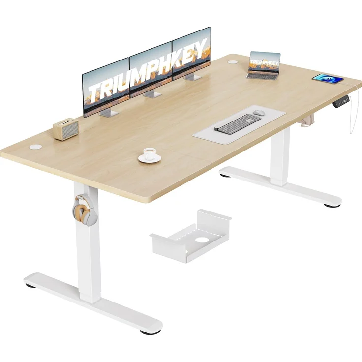 TRIUMPHKEY Höhenverstellbarer Schreibtisch 180x80 cm,Sitz‑Erinnerung & USB-A | Schreibtisch Höhenverstellbar mit 3 Memory-Steuerung,Sitz‑Erinnerung & Kabelmanagement, Computertisch,Standing Desk, Beige
