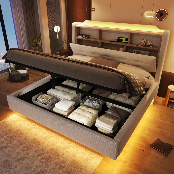 Polsterbett mit LED-Streifen und Stauraum, 140x200 cm, Kopfteil, USB/Type-C Anschlüsse, Doppelbett, Stauraumbett, Leinen
