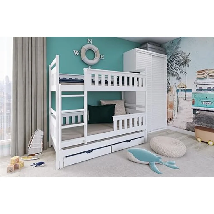 Kids Collective Hochbett 90x200 mit Ausziehbett Kinderbett mit Ausziehfunktion, zwei Schubladen Lattenrost, Rausfallschutz, mit 3 Matratzen, Vollholz in weiss – Bild 9
