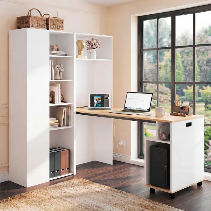 Klappbarer Schreibtisch mit Ablagen –2-in-1-Bücherregal und Schreibtisch, klappbar, mit Steckdose und USB-Anschluss, höhenverstellbare Ablagen, Kippschutz, weiß-Schreibtisch,Eck-Schreibtisch –links