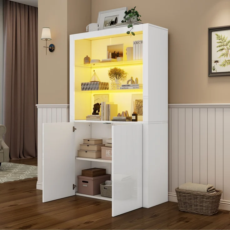 100 x 35 x 170 cm Sofa-Sideboard, Hochglanz-Aufbewahrungsschrank, Vitrinenschränke mit LED-Leuchten, Displayschicht aus gehärtetem Glas, Vertikaler Hochschrank fürs Wohnzimmer--Weiß--100x35x170cm--YOUDENOVA – Bild 2