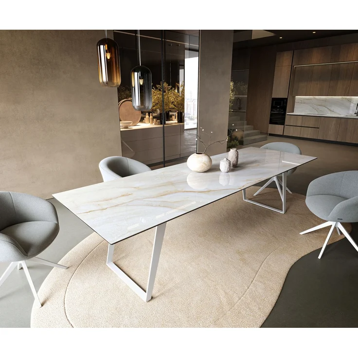 Esstisch Edge 300x100 cm Keramik Onyx Pearl Metall Schräg Weiß – Bild 1