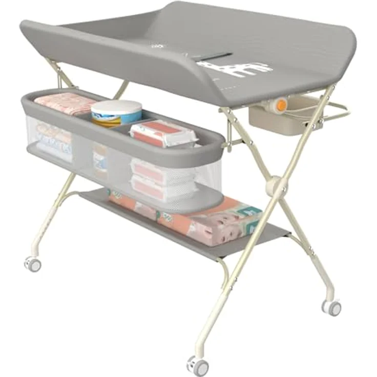Wickeltisch, zusammenklappbar, mit Aufbewahrungskorb, Struktur aus Eisen, max. Belastung 25 kg, für Neugeborene, ergonomisches Design, Wickeltisch, 75 x 68 x 83–91 cm (A) Grau – Bild 6