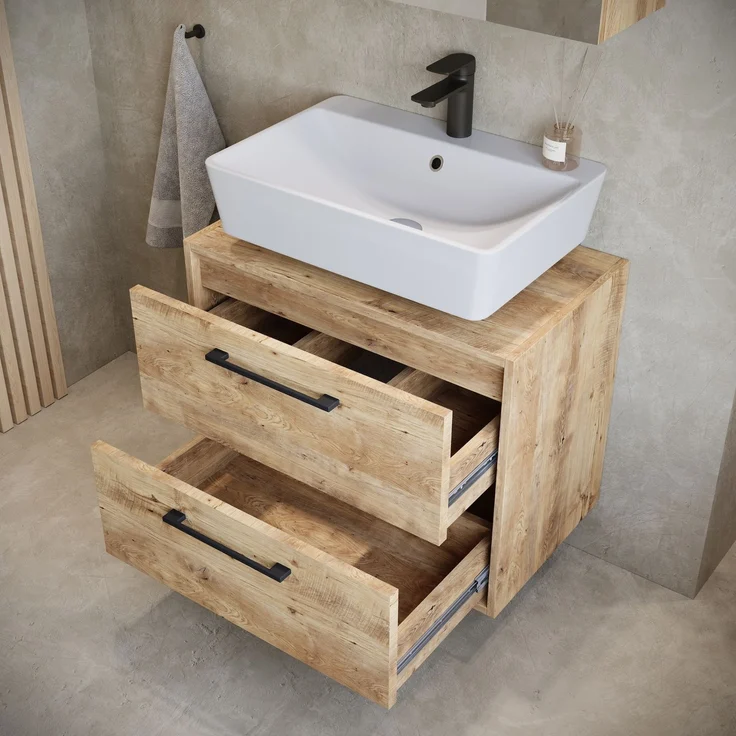 Waschbeckenunterschrank Florence 60 x 35 cm Kastanie Eiche - Hängender Badezimmerschrank mit 2 Schubladen – Bild 4