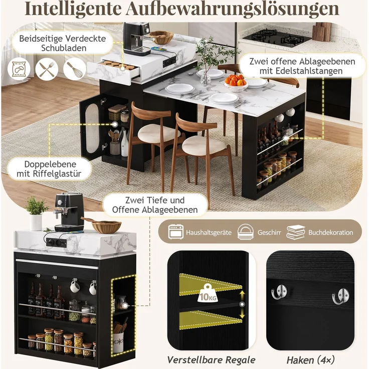 Merax Kücheninsel mit Rollen, Ausziehbarer Esstisch mit faltbarer Tischplatte, Bartisch mit Steckdosenleisten und Haken, dient als Kücheninsel, Sideboard oder Bartisch(Schwarz) – Bild 7