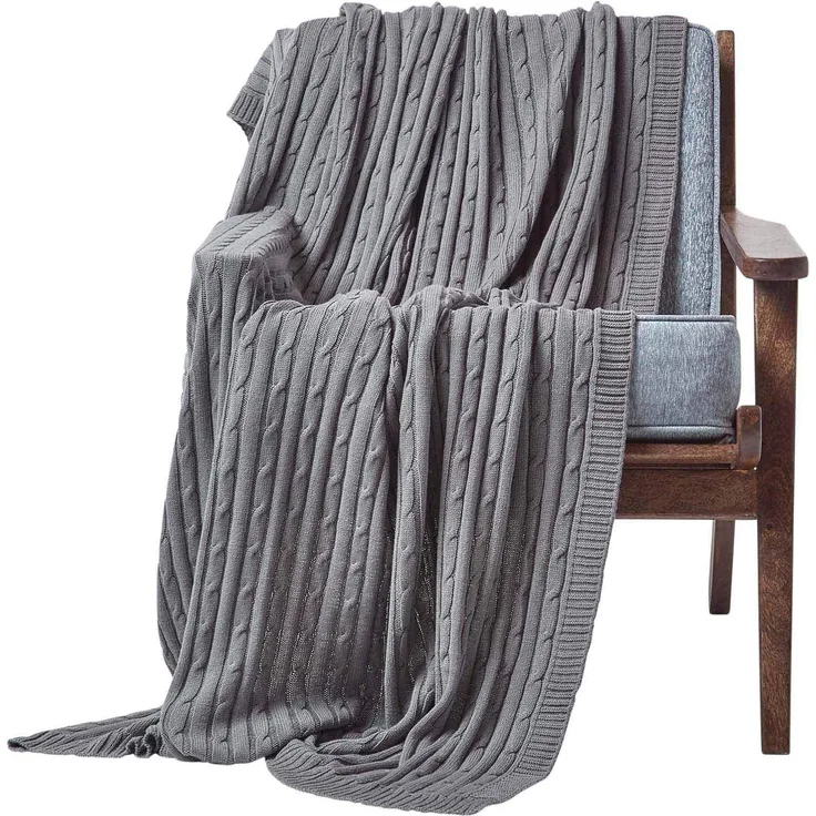 Plaid Baumwolldecke mit Zopfmuster, grau, 130x170 cm, Homescapes