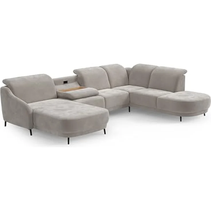 CAVADORE Wohnlandschaft Blue, Sofalandschaft mit Longchair im modernen Design, inkl. kopfteilverstellung, Vorziehsitz motorisch, Klapptisch, USB-Anschluss, mattschwarzen Metallfüßen, Hellgrau – Bild 4