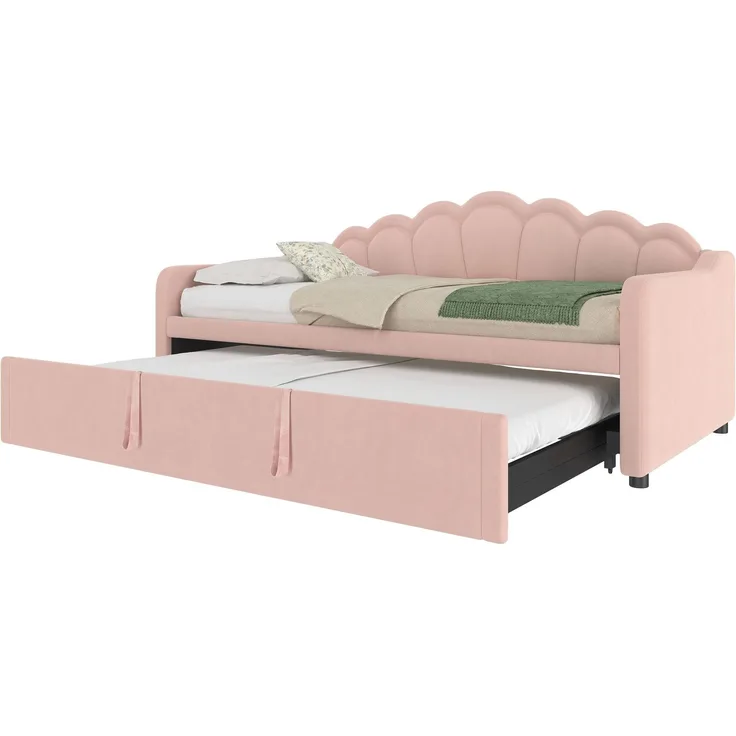 Schlafsofa mit LED-Beleuchtung und Lattenrost, Liegefläche von 90 auf 180 cm erweiterbar, Polsterbett, Samt, rosa