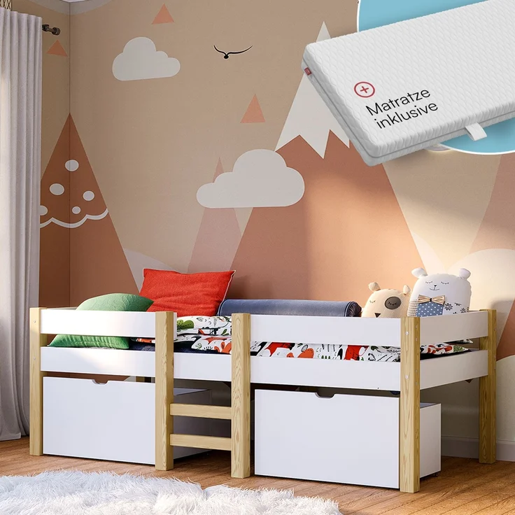 Bellabino 'Aspy' Halbhochbett 90x200 cm mit Matratze, weiß, Kinderbett mit 2 Schubladen, Rausfallschutz und Lattenrost, Hochbett mit Leiter – Bild 1