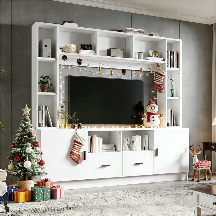 180*35*170cm TV Wohnwand-set mit Vitrine,Mediawand inkl. TV-Board-set und Regal,TV Wohnzimmermöbel-Set mit 2 Schränke, 2 Schubladen , 11 Staufächer, Anbauwand, Wohnzimmerwand, TV bis 60',Weiß--Weiß--180x35x170cm--YOUDENOVA – Bild 2