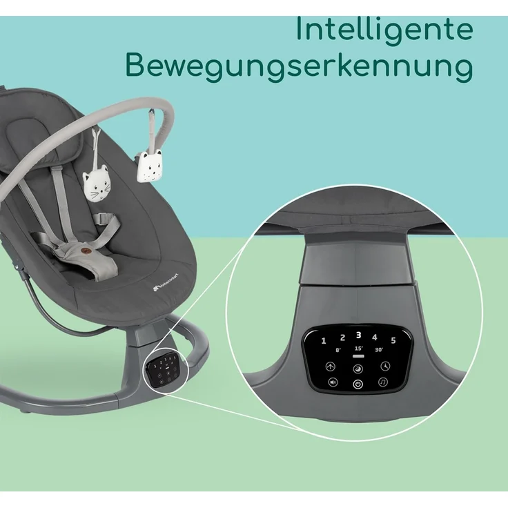 Bebeconfort Jolana, Babywippe elektrisch, 0–6 Mon (9 kg), automatische Bewegungserkennung, 12 beruhigende Lieder, 5 Naturgeräusche, verstellbare Rückenlehne, 2 Liegepositionen, Tinted Graphite – Bild 3