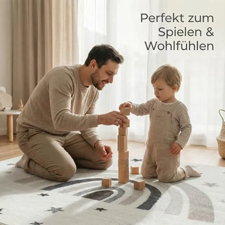 Jimri Kinderteppich DOTS l Pünktchen Gepunktet l Öko-Tex Siegel | Farbe: Beige Blau Rosa | Kinderzimmer/Jugendzimmer (Creme, 160x230 cm) – Bild 5