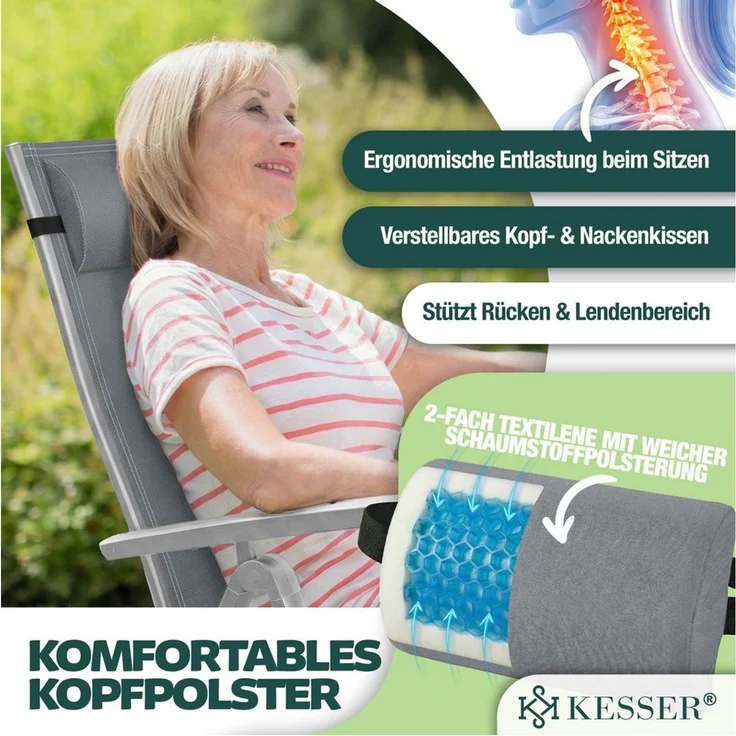 KESSER® Gartenstuhl Hochlehner mit Armlehnen | Aluminium Klappstuhl inkl. Kopfkissen Campingstuhl 7-Fach Verstellbar Rückenlehne | Atmungsaktiv & Wetterfest | Klappbar & Anti-Rutsch Hellgrau, 6 Stück – Bild 4