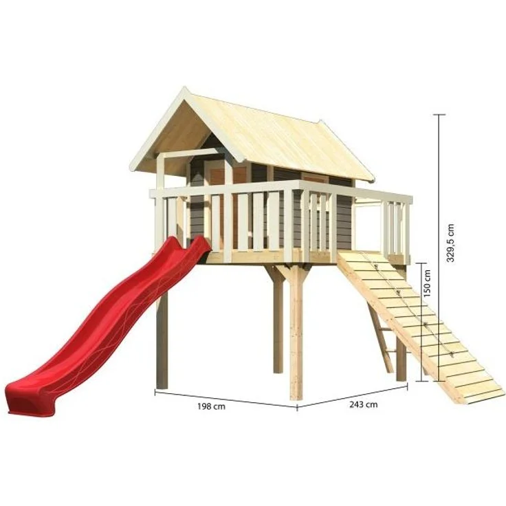 Karibu Stelzenhaus Fidel Set Aktion2 terragrau mit Rutsche und Holzrampe rot – Bild 3