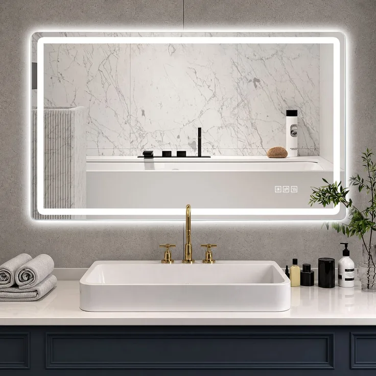 LED-Badezimmerspiegel 60 x 100 x 2.9 cm aus Sicherheitsglas und Metall, rahmenlos, dimmbar