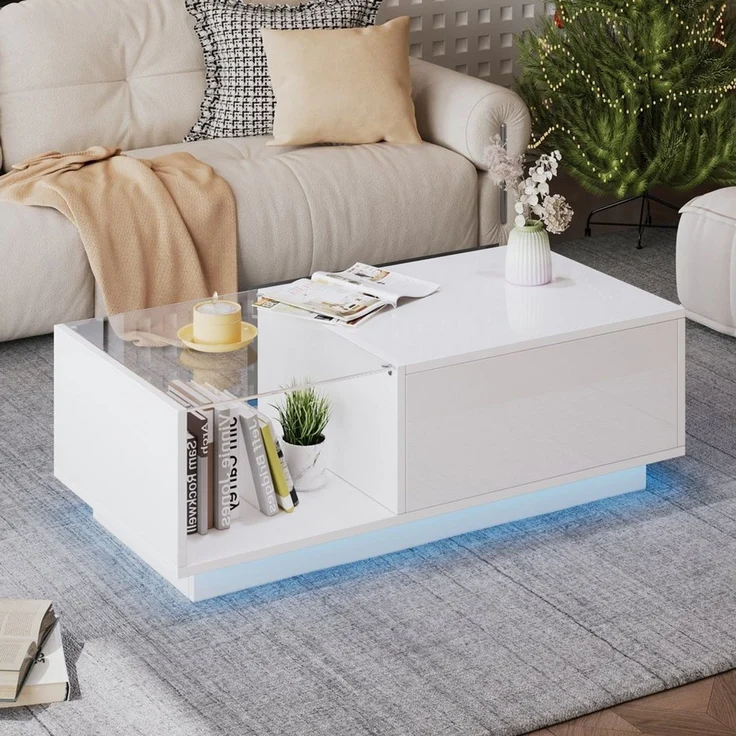 Merax Couchtisch höhenverstellbar Sofatisch mit Hebefunktion und Stauraum (1-St, 100x50x (33-46.5) cm), Beistelltisch Wohnzimmertisch mit Hochglanz-Oberfläche und LED – Bild 4