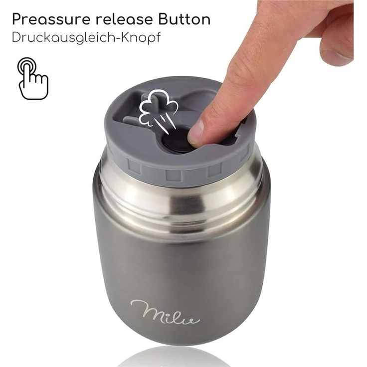Milu Thermobehälter Essensbehälter 450ml, Warmhaltebehälter mit Löffel, Thermobecher, Edelstahl, grau – Bild 3