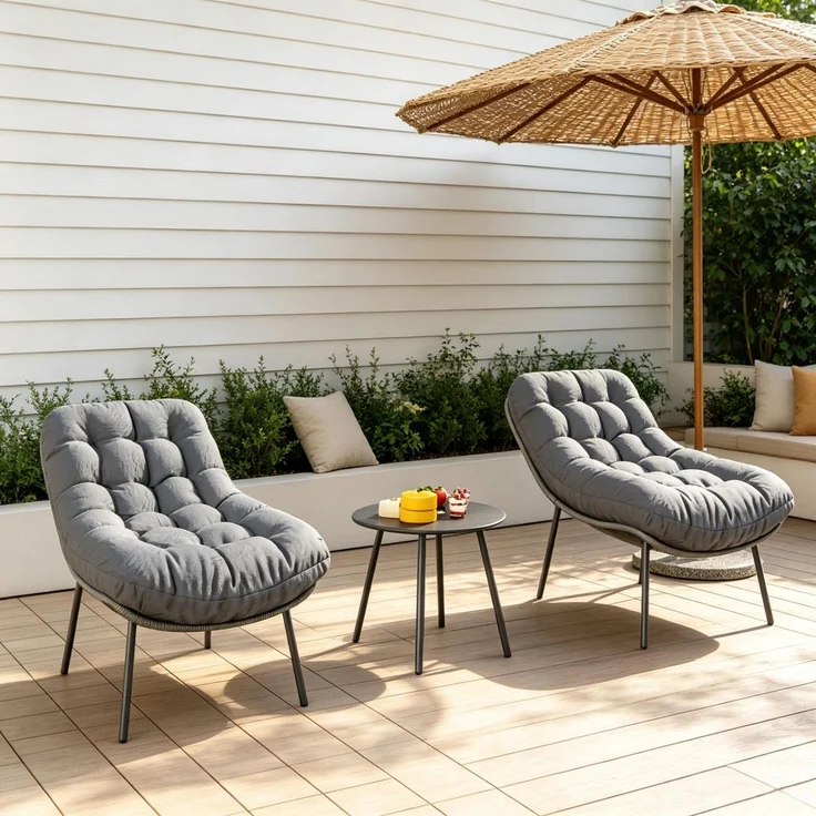 Gartentischgruppe mit Tisch H 44 x Ø 50 cm, Stahl und Harzgeflecht, mit 2 Stühlen – Bild 3