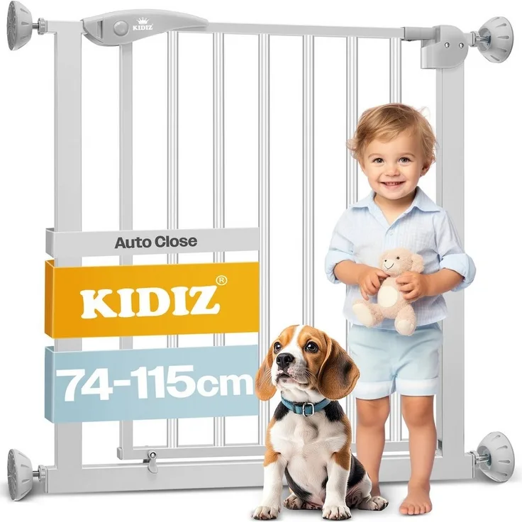 KIDIZ® Schutzgitter für Treppen | Tür, Auto Close Kindertreppengitter ohne Bohren | 90° Stop, Absperr Türschutzgitter, schwenkbare Trennwand, Treppenschutzgitter, Klemmen 88 - 101 cm GRAU