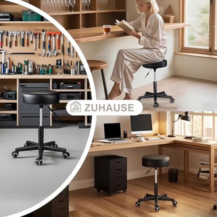 Zedelmaier Rollhocker höhenverstellbar, Bürohocker mit Gummirollen, 360° drehbar Hocker mit Rollen & 10 cm Polsterung, Sitzhocker Werkstatt, Drehhocker ergonomisch, Sitzhöhe 44–58 cm, Weinrot – Bild 4