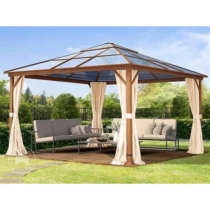 Gartenpavillon 4x4 m Holzoptik, ca 8 mm Polycarboat-Dach, 4 Seitenteile in champagner