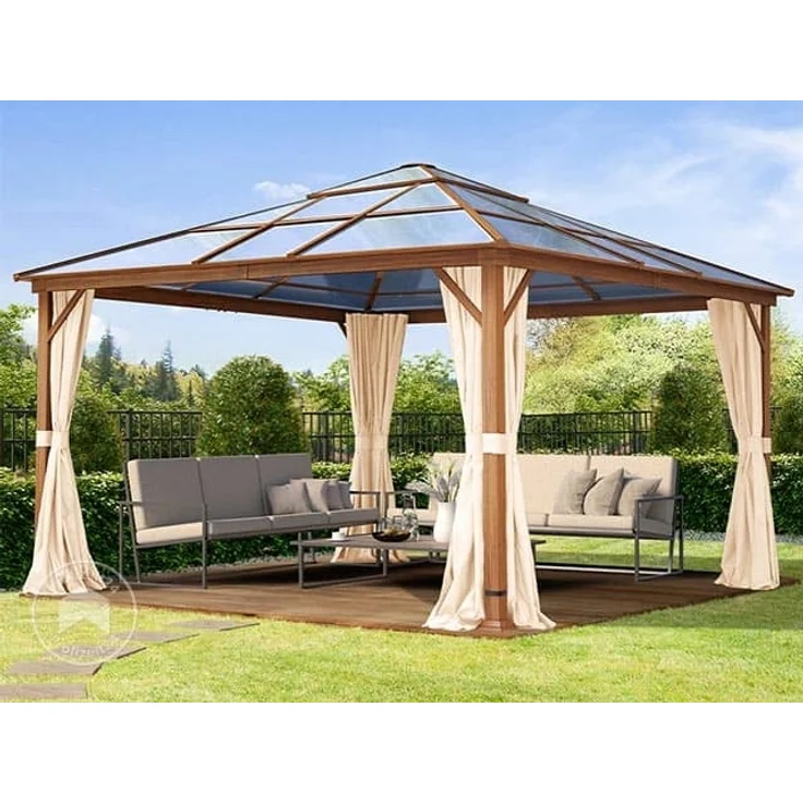 Gartenpavillon 4x4 m Holzoptik, ca 8 mm Polycarboat-Dach, 4 Seitenteile in champagner – Bild 1