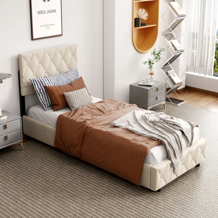 Polsterbett aus Kunstleder mit Aufbewahrungsbox & Lattenrost, ohne Matratze, 90x200 cm, Beige – Bild 1