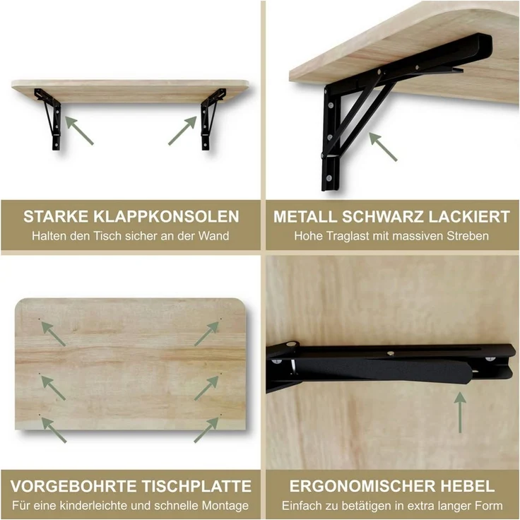 KDR Produktgestaltung Klapptisch Wandklapptisch Esstisch Küchentisch Schreibtisch Wand Tisch, 70x40 cm in Eiche – Bild 4