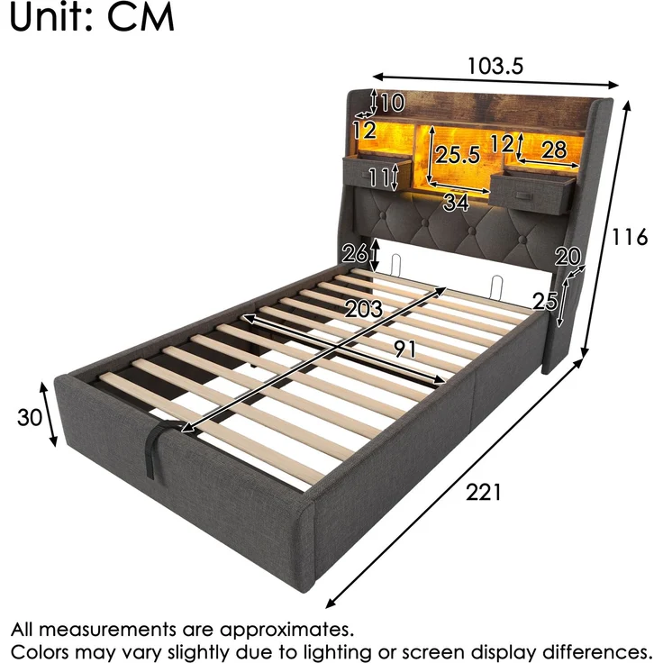 Polsterbett 90x200 mit LED-Stimmungslicht, USB & Typ-C Ladeanschlüssen, Stauraum, Kopfteilregal, Stofftaschen, inkl. Matratze – Bild 10